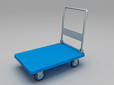 Blue Platform Cart With Metal Handle And Two Rubber Wheels On Flat Surface 3d model