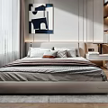Modern Minimalist Bedroom Interior With Round Pendant Light Built in Wardrobe And Abstract Painting