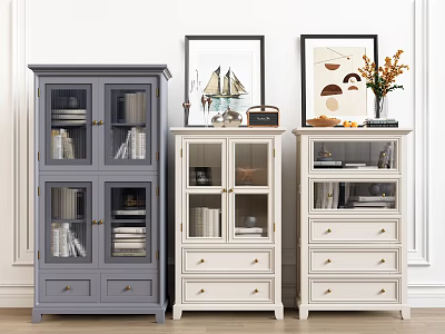 Modern Gray And White Entryway Side Cabinet With Glass Doors And Drawers 3d model