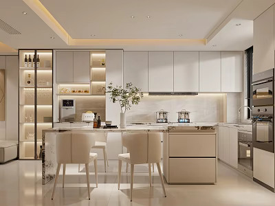Modern Restaurant Open Kitchen With White Cabinets Marble Island And Chairs 3d model