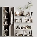 Daily Washing Products Organized Shelf Display With Bottles Jars Towels And Potted Plants