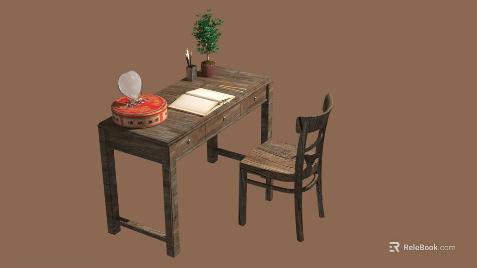 Wooden Desk and Chair With Open Notebook Pen Red Box Potted Plant and Mirror 3d model 