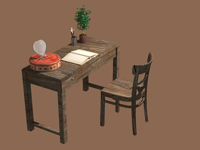Wooden Desk and Chair With Open Notebook Pen Red Box Potted Plant and Mirror 3d model