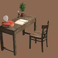 Wooden Desk and Chair With Open Notebook Pen Red Box Potted Plant and Mirror