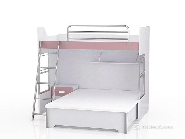 Modern White And Pink Bunk Bed With Ladder Guardrail And Storage Shelf 3d model 