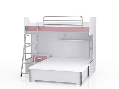 Modern White And Pink Bunk Bed With Ladder Guardrail And Storage Shelf 3d model