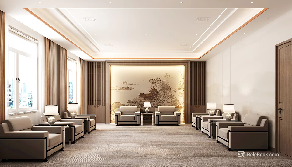 Modern Conference Room With Chinese Elements Landscape Painting Sofas Chandeliers Carpet And Rectangular Layout 3d model