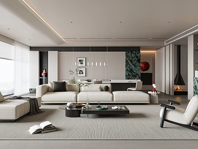 Modern Minimalist Living Room With Beige Sofa Coffee Table Area Rug And Fireplace Decor 3d model