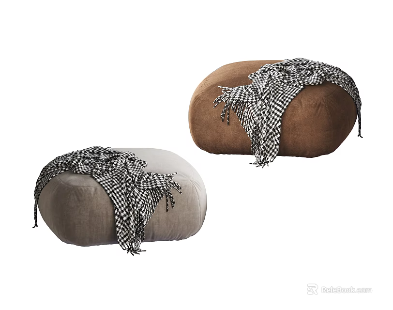 Cozy Brown and Gray Poufs with Soft Black and White Checkered Blankets 3d model 