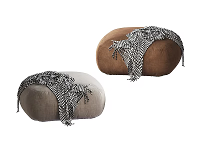Cozy Brown and Gray Poufs with Soft Black and White Checkered Blankets 3d model