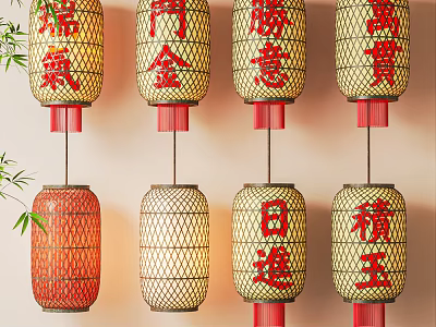 Hanging Traditional Chinese Lanterns with Red Characters and Bamboo Frames on Beige Wall 3d model