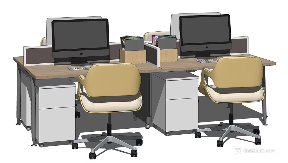 Modern Office Desk Setup With Computer Monitors Keyboards File Organizers And Beige Chairs 3d model 