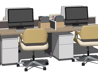 Modern Office Desk Setup With Computer Monitors Keyboards File Organizers And Beige Chairs 3d model