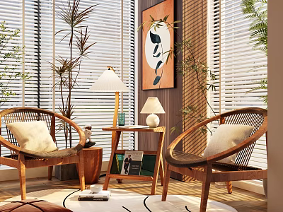 Wicker Chairs And Wooden Side Table Set With Table Lamp Plants Blinds And Decorative Painting 3d model