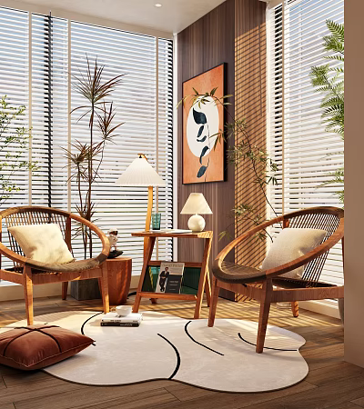 Wicker Chairs And Wooden Side Table Set With Table Lamp Plants Blinds And Decorative Painting 3d model
