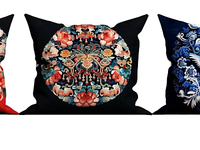 Throw Pillows With Circular Embroidered Floral Patterns On Black Background And Red Blue Accents 3d model