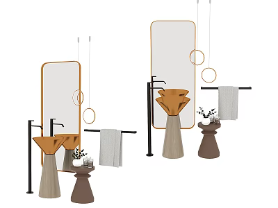 Modern Bathroom Mirror With Gold Frame Sink Stand Towel Rack And Small Plant 3d model