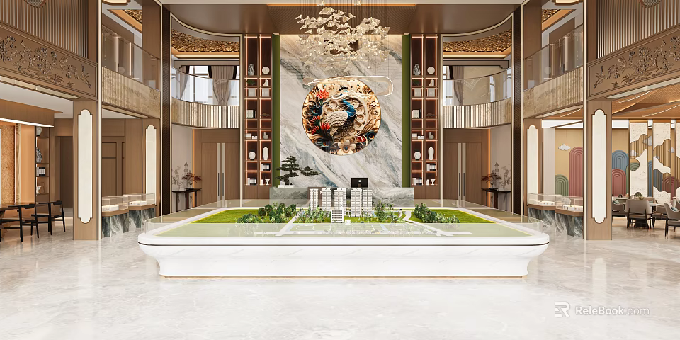 Luxury New Chinese Style Sales Office With Marble Decor And Real Estate Sand Table 3d model 