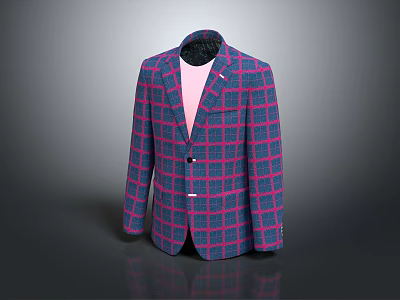 Stylish Blue Purple Plaid Suit Jacket With Pink Lining And Black Buttons 3d model