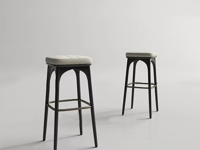 Two Modern Bar Stools With Black Metal Frame And White Cushioned Seat In Home Bar 3d model