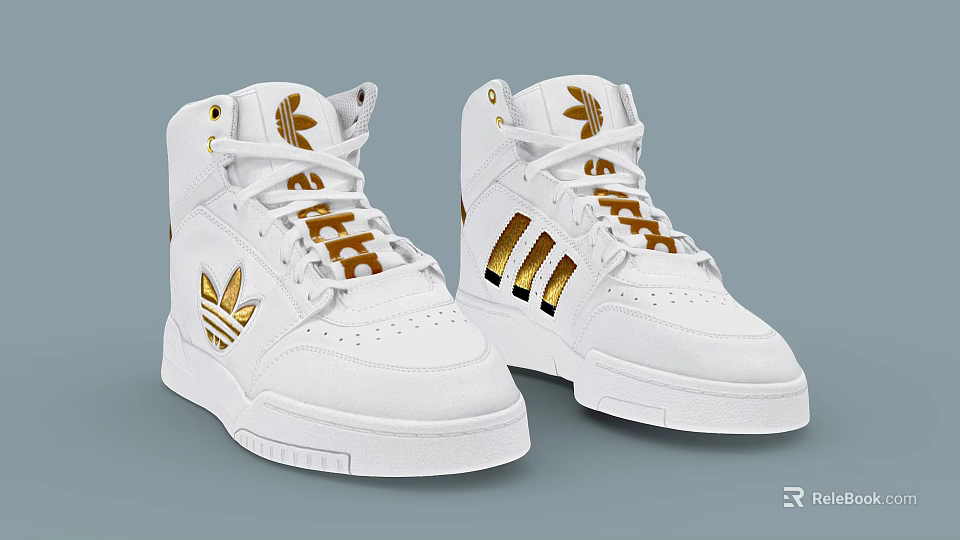 White High Top Shoes Featuring Gold Logo And Stripes For Stylish Athletic Wear 3d model 