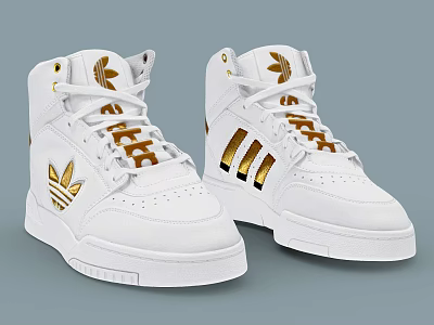 White High Top Shoes Featuring Gold Logo And Stripes For Stylish Athletic Wear 3d model