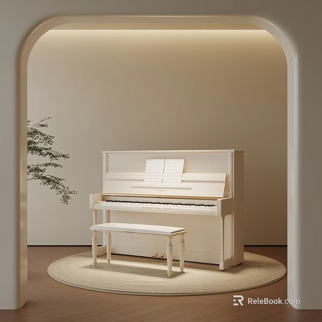Elegant Piano Room Interior With White Piano Bench Sheet Music Round Rug And Green Plant 3d model 