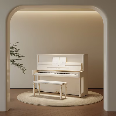 Elegant Piano Room Interior With White Piano Bench Sheet Music Round Rug And Green Plant 3d model