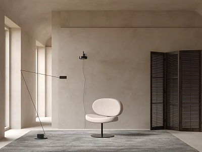 Modern White Accent Chair With Round Base In Beige Room Black Floor Lamp Dark Shutters 3d model
