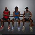 Three Men Sitting On Wooden Bench With Basketball Tank Tops Shorts And Sneakers