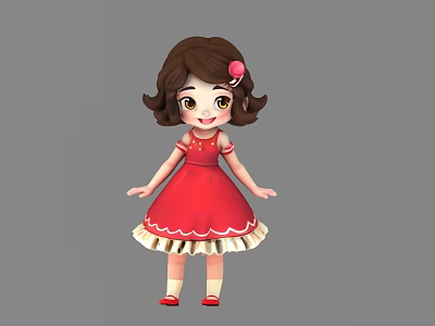 Cartoon Girl With Brown Short Hair Pink Flower Red Dress White Ruffled Hem Red Shoes 3d model