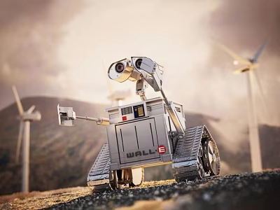 Electric Toy WALL·E Robot with Tracked Base Camera and Wind Turbine Background Scene 3d model