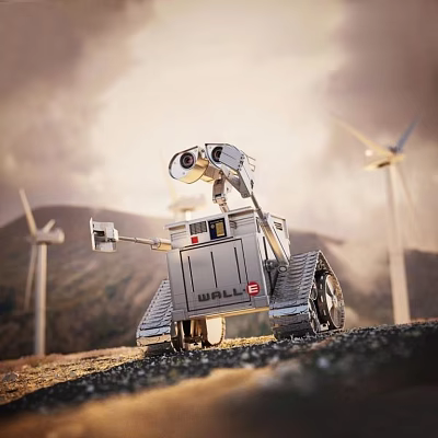 Electric Toy WALL·E Robot with Tracked Base Camera and Wind Turbine Background Scene 3d model