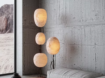 Abstract Floor Lamp With Three White Shades Black Metal Stand Gray Concrete Wall Mountain View 3d model