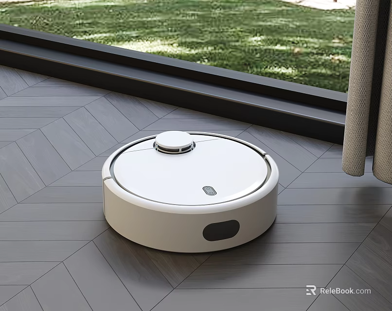 White Robot Vacuum Cleaning Wooden Floor By Window With Curtain And Green Grass 3d model 