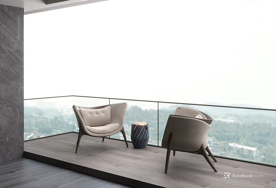 Modern Home Balcony Design With Two Beige Chairs Glass Railing Round Table And Open View 3d model 