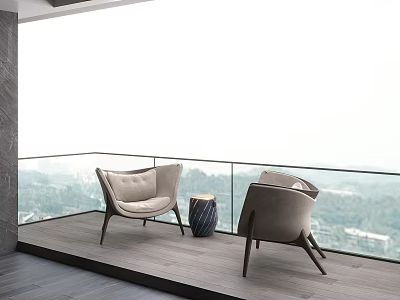 Modern Home Balcony Design With Two Beige Chairs Glass Railing Round Table And Open View 3d model