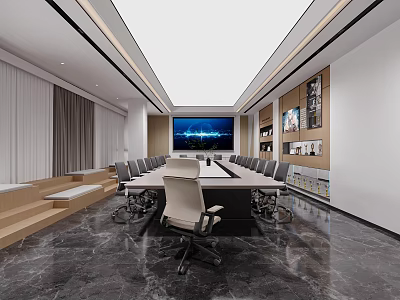 Modern Conference Room Featuring Long Table Large Display Screen Bookshelves Ergonomic Chairs And Marble Floor 3d model