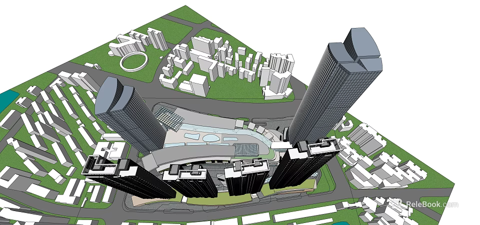 Modern Commercial Complex With High Rise Buildings And Central Open Green Spaces 3d model 