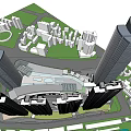 Modern Commercial Complex With High Rise Buildings And Central Open Green Spaces