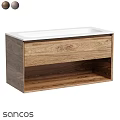Wood Grain Bathroom Vanity With White Countertop And Open Shelf Storage
