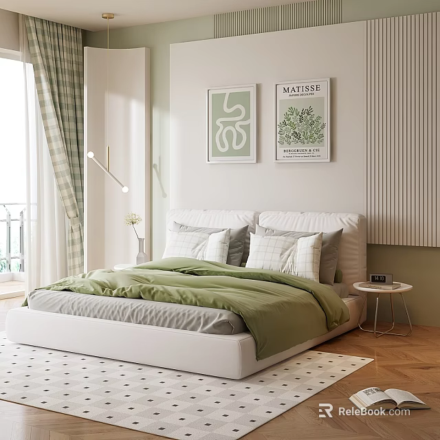 Elegant Bedroom With White Bed Green Quilt Plaid Pillows Wall Art Signed MATISSE Checkered Curtains Floor Lamp And Polka Dot Rug 3d model 