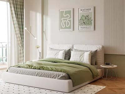 Elegant Bedroom With White Bed Green Quilt Plaid Pillows Wall Art Signed MATISSE Checkered Curtains Floor Lamp And Polka Dot Rug 3d model