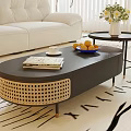 Modern Elegant Oval Coffee Table With Woven Rattan Detail And Metal Legs