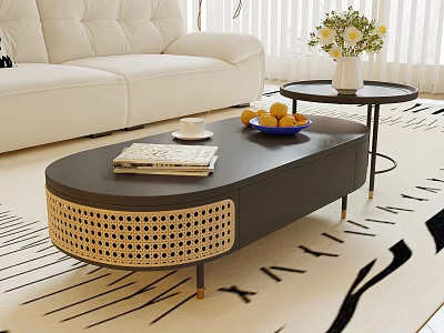 Modern Elegant Oval Coffee Table With Woven Rattan Detail And Metal Legs 3d model