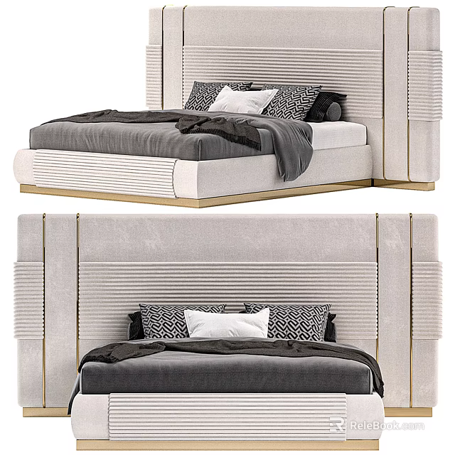 Elegant Double Bed With Upholstered Headboard Grey Bedding Pillows And Throw Blanket 3d model 