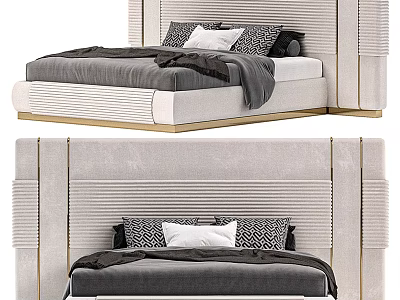 Elegant Double Bed With Upholstered Headboard Grey Bedding Pillows And Throw Blanket 3d model