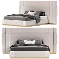 Elegant Double Bed With Upholstered Headboard Grey Bedding Pillows And Throw Blanket 3d model