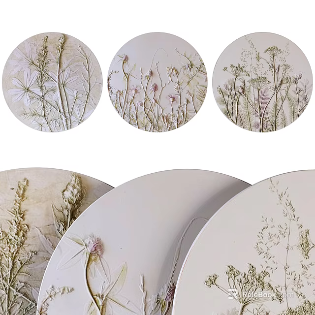 Abstract Painting On Round Plates With Pressed Plants Grass And Flowers Design 3d model 