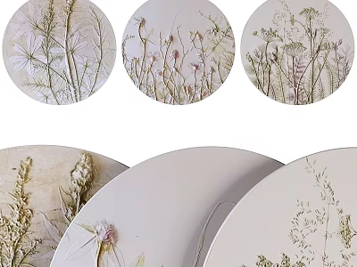 Abstract Painting On Round Plates With Pressed Plants Grass And Flowers Design 3d model